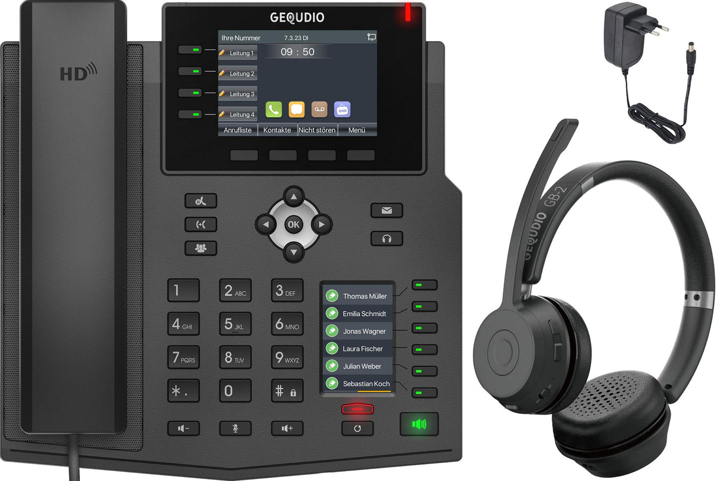 GEQUDIO IP Telefon GX5+ mit Netzteil & Bluetooth Headset - Fritzbox, Telekom kompatibel