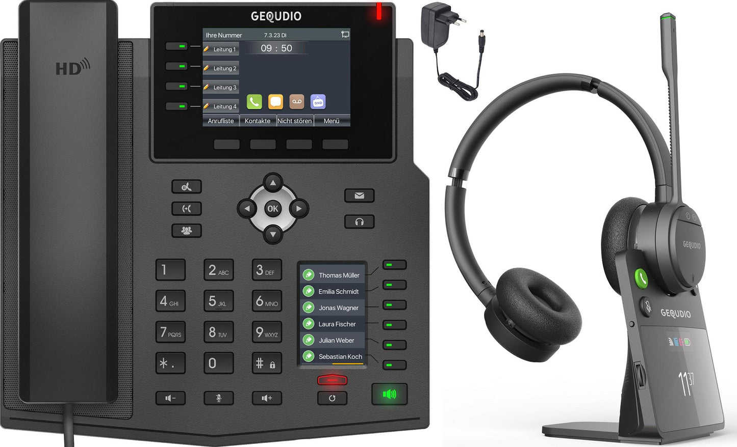 GEQUDIO IP Telefon GX5+ mit Netzteil & High-End DECT Headset - Fritzbox, Telekom kompatibel