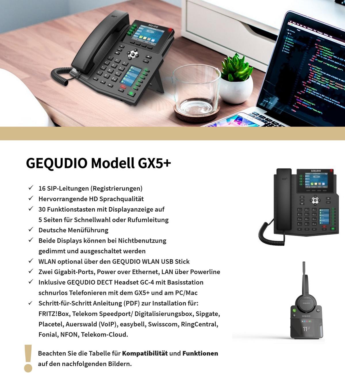 GEQUDIO IP Telefon GX5+ mit Netzteil & High-End DECT Headset - Fritzbox, Telekom kompatibel