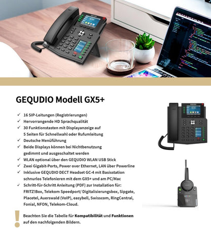 GEQUDIO IP Telefon GX5+ mit Netzteil & High-End DECT Headset - Fritzbox, Telekom kompatibel