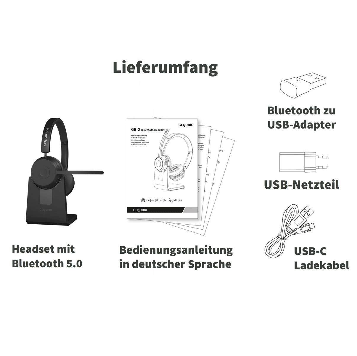 GEQUDIO Schnurlos Headset GB-2 mit Ladestation (mit USB-Adapter)